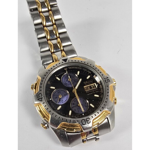 Vintage Seiko Sports 150 Chronograph Quartz 7T39 6A09 Watch Men's Black Dial - Picture 2 of 7